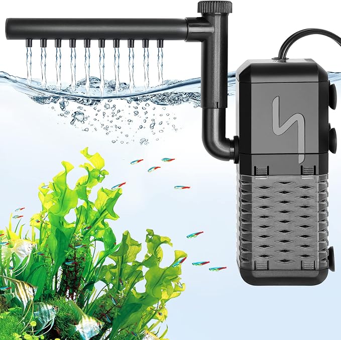 AQQA Submersible Aquarium Filter, Adjustable Flow with Aeration System | Ultra Quiet, Biochemical Sponge Filtration, Fish Tank Filter Built-in Rainfall Aerator, Fits Tanks Up to 50 Gallon,158GPH