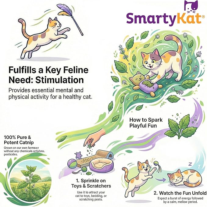 SmartyKat Natural Catnip for Cats and Kittens, 100% Natural Cat Nip for Cats, Premium Dried Catnip for Indoor Cats, Positive Training Aid for Play and Exercise, 0.5 Ounces Pouch