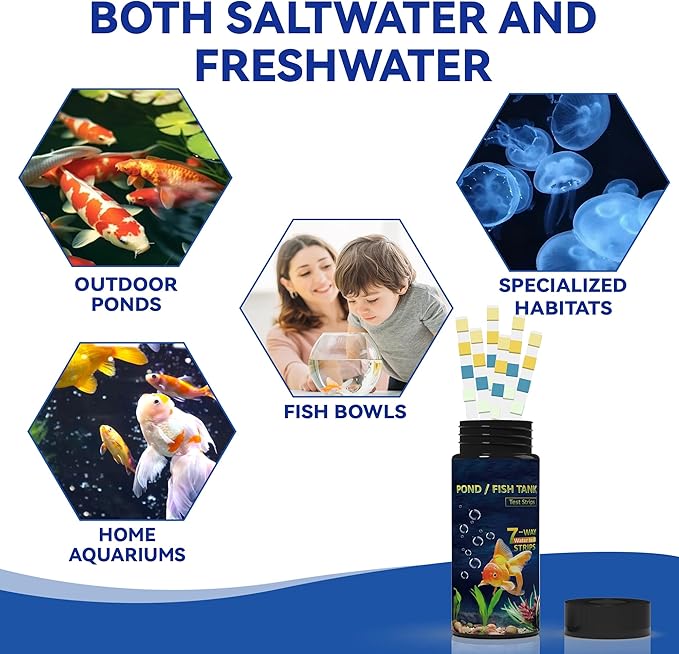 Aquarium Test Kits(100 Strips)-7 in 1 Fish Tank Water Freshwater&Saltwater Quality Test with pH, Carbonate, Alkalinity, Hardness, Chlorine, Nitrite, Nitrate