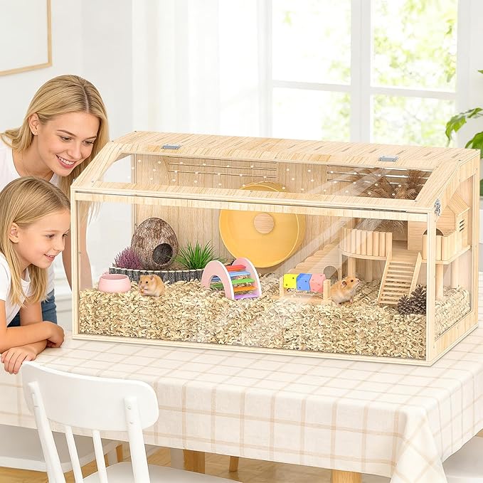 XiaZ Large Hamster Cage,40 Inch Wooden Hamster Cage with Panoramic View and Ventilated Top, Spacious Acrylic Glass Habitat for Syrian Dwarf Hamsters and Degus, Natural Wood Frame Enclosure