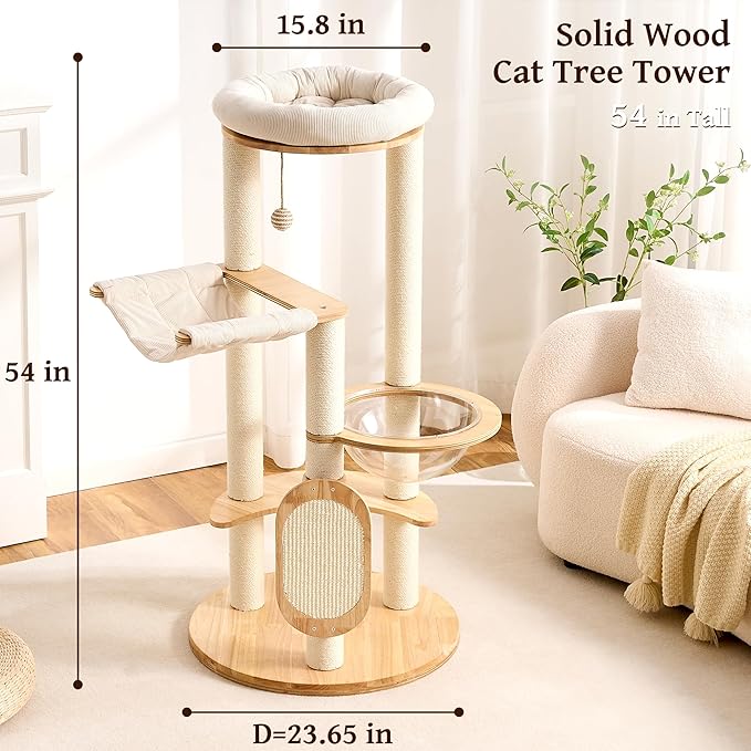 Modern Solid Wood Cat Tree Small Tower with Scratching Post for Indoor, Multifunctional Cat Tree Tower with Bed, Space Capsule, Hammock, Scratching Board, Dangling Ball