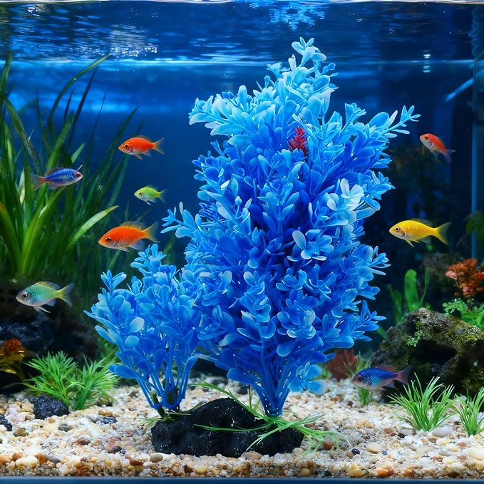 PINVNBY Artificial Plants for Betta Fish Tank,Plastic Aquarium Plant with Resin Base Realistic Goldfish Tank Aquatic Plants Decoration(Blue)