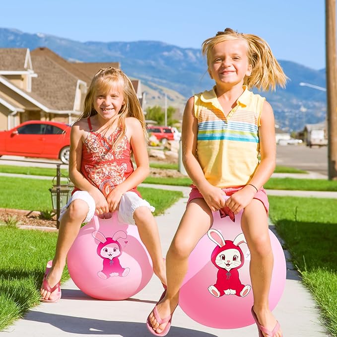 Hopper Ball, Pink Bunny Hopping Toys for Kids, 18 Inch Bouncy Ball with Handle, Indoor Outdoor Inflatable Hoppity Hop Toys for Girls Boys Gift with Pump