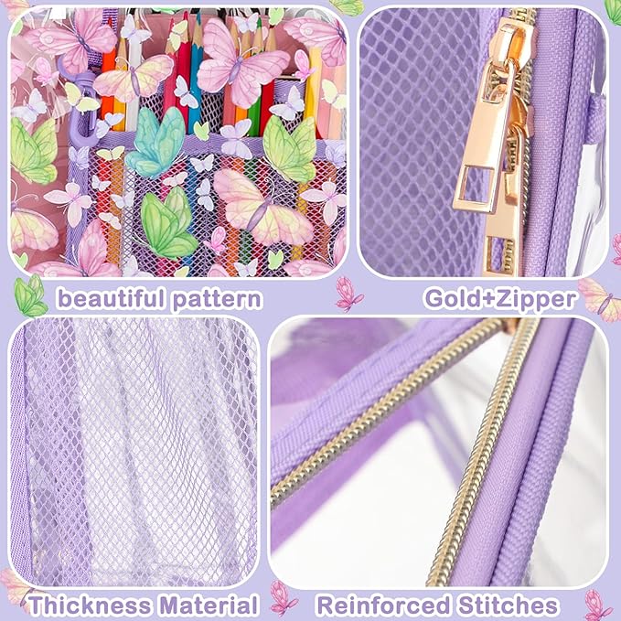 Kacctyen 3 Pcs Clear Backpack Heavy Duty Clear Stadium Bag Transparent Backpack with Lunch Bag(Purple,Butterfly)