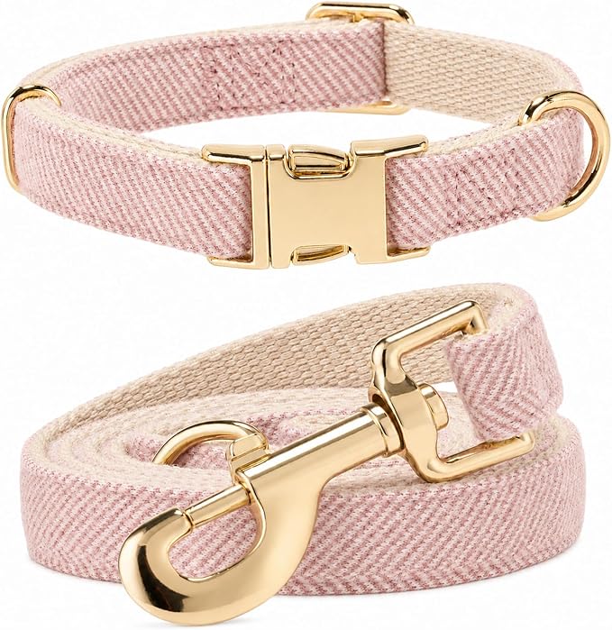 Herringbone Tweed Dog Collar and Leash Set for Small Dogs, Pink | Snag-free, no-rub design. Soft breathable cotton, gentle on fur. Adjustable durable matching combo for walks & outdoors.
