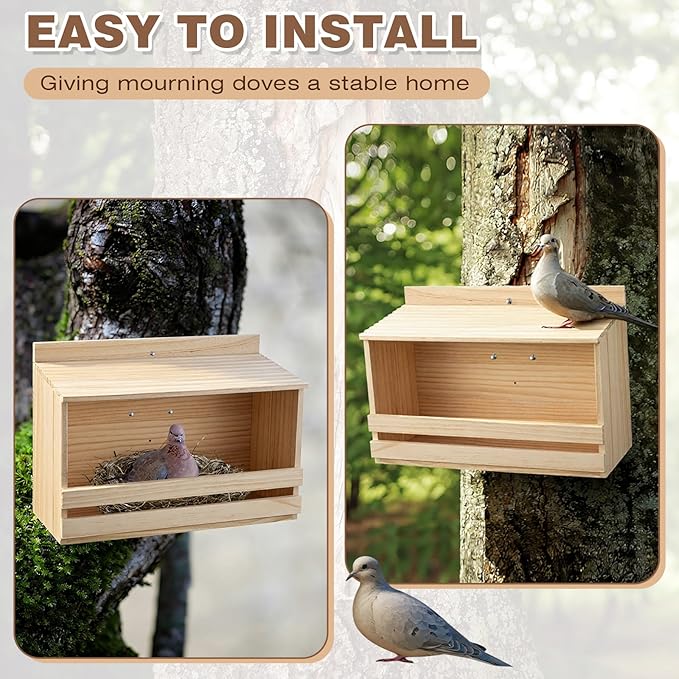 Briwooody Wooden Open Mourning Dove Nesting Box for Outside Dove Bird House 11 H x 14 W x 6 L Inches Bird Nesting and Roosting Platform Hanging Birdhouse Garden Decoration (Flat Roof, Light Brown)