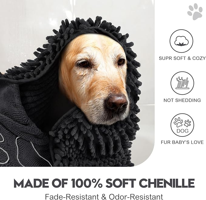 Newwiee 4 Pcs Large Dog Towels for Drying Dogs with Hand Pocket Microfiber Shammy Towel 32 x 14 in Dog Bath Towel Absorbent, Quick Drying, Machine Washable for Pet Puppy Clean Shower Supplies(Black)
