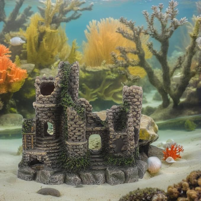Resin Aquarium Castle Ornament Realistic Hideout Decor for Fish Tanks | Breeding Cave Shelter, Layered Landscape Accent, Sturdy Construction for Aquarium Styling and Reptile Setups