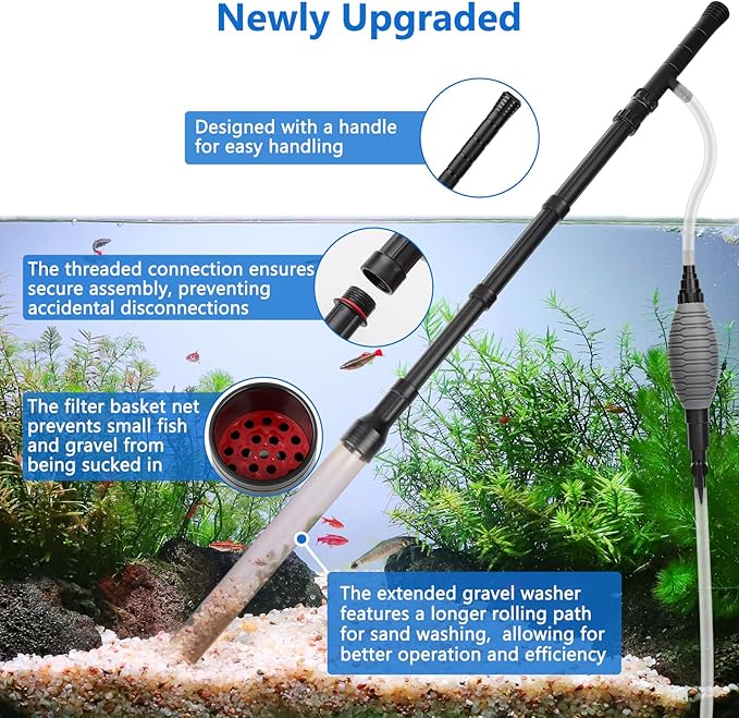 AQQA Gravel Vacuum for Aquarium Siphon - Adjustable Flow Fish Tank Cleaner with Handle, Manual Siphon Pump Water Changer Sand Rock Suction Cleaner, Upgraded Hard Hose with Threaded Connection (L)