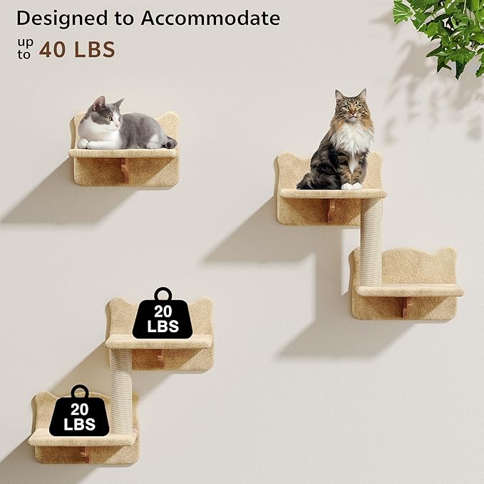 Cat Wall Shelves, Wall Mounted Cat Shelf Furniture with Plush Fabric (9 Piece Set), Cats Furniture with Condos, House, Steps, Bridge Ladder, Scratching Post, Beige
