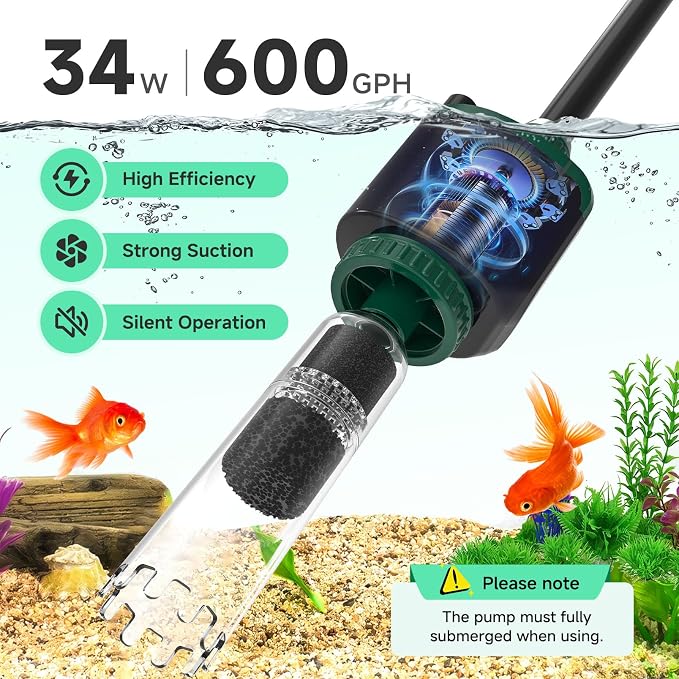AQQA 6-in-1 Aquarium Gravel Cleaner, 600GPH Adjustable Water Flow Aquarium Vacuum | Electric DC Fish Tank Cleaner, Extendable Length, Supports Changing Water, Washing Sand, Water Filtering and Circulation
