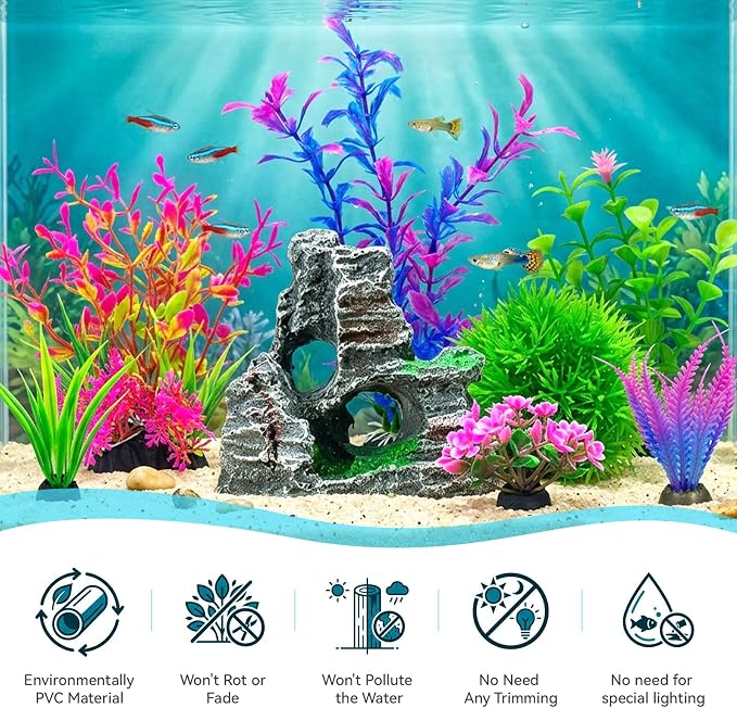 8Pcs Aquarium Decor Set, Artificial Plastic Plants and Rock Cave for Fish Tank Decorations, Goldfish Betta Fish Tank Accessories Supplies Realistic Small Large Fish Bowl Ornaments