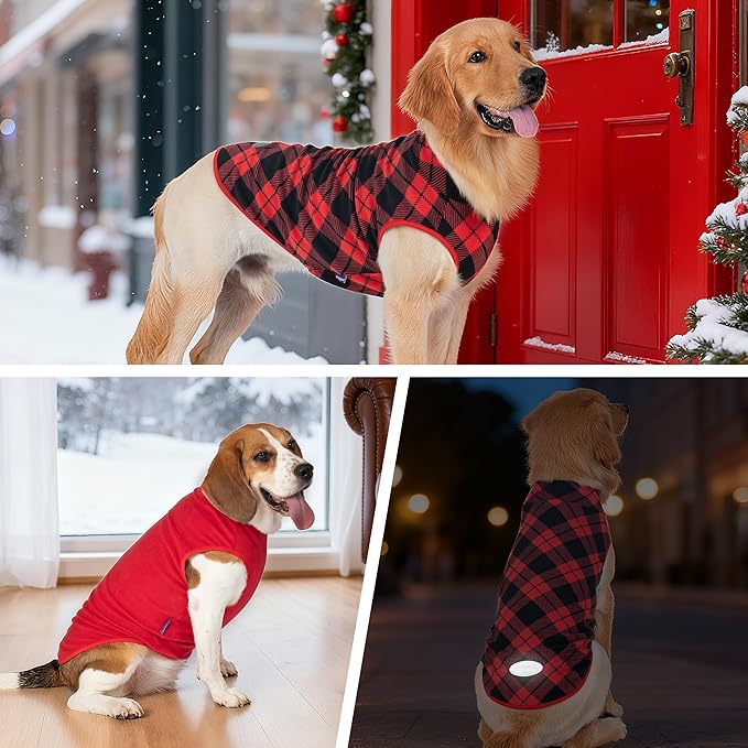 cyeollo 2 Pack Small Dog Sweater, Stretchy Dog Sweatshirt Soft Fleece Reflective Pullover Jacket Pet Puppy Clothes Boy Cold Weather Christmas Sweaters for Small Dogs Girl, Red & Buffalo Plaid S