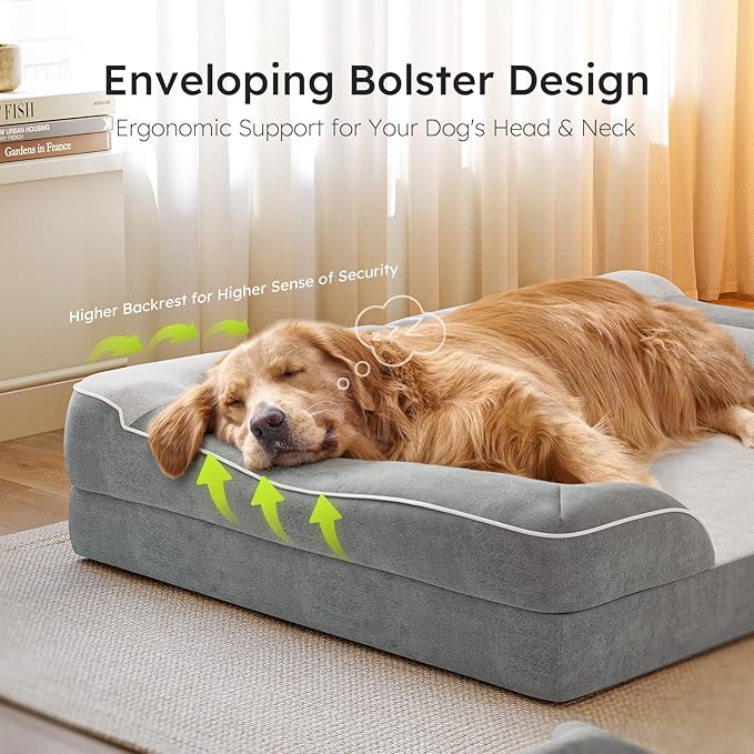 CWAWZ Jumbo Dog Beds for Extra Large Dogs, Orthopedic Dog Bed with Cooling Gel Memory Foam, Waterproof Pet Bed with Removable Washable Cover, 45" Pet Sofa Couch Velvet with Bone Toy, Light Gray