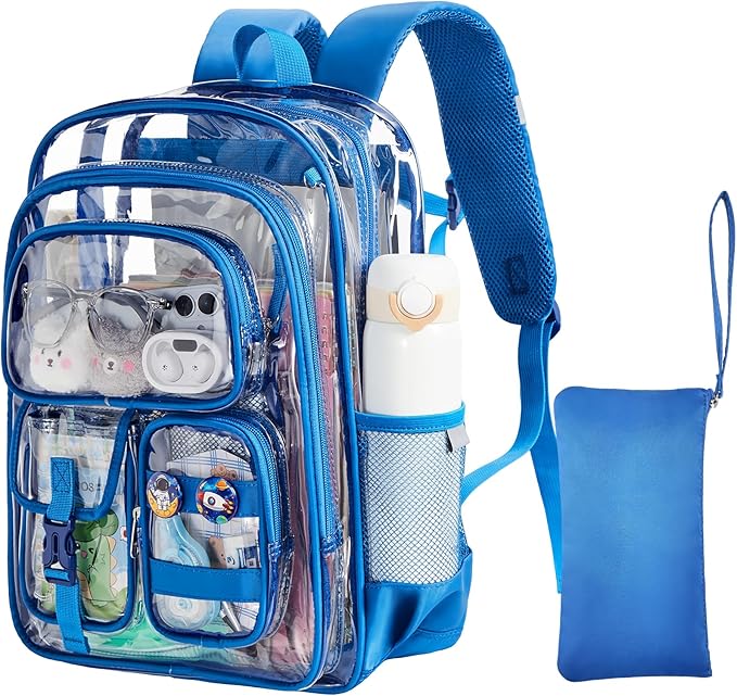 Clear Bookbag with Chest Strap, 17" Heavy Duty See Through Backpack with Anti-theft Hook & S-shaped Shouler Straps, Large Clear Bags for Work Sport School Travel