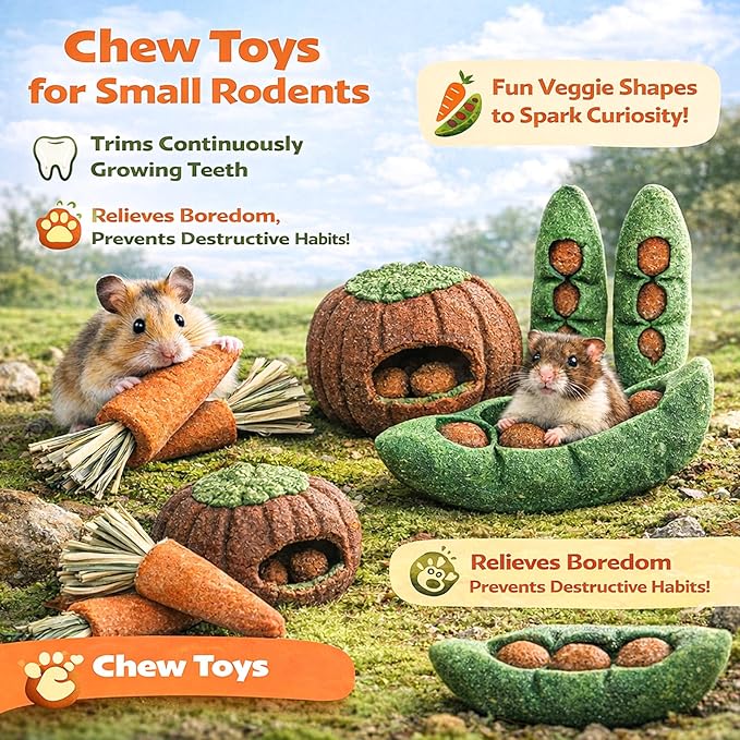 HERCOCCI 8Pcs Guinea Pig Chew Toys, Hamster Toys Prevent Excessive Teeth Growth Natural Vegetables Carrot and Timothy Grass for Guinea Pig Rabbit Chinchillas Gerbil