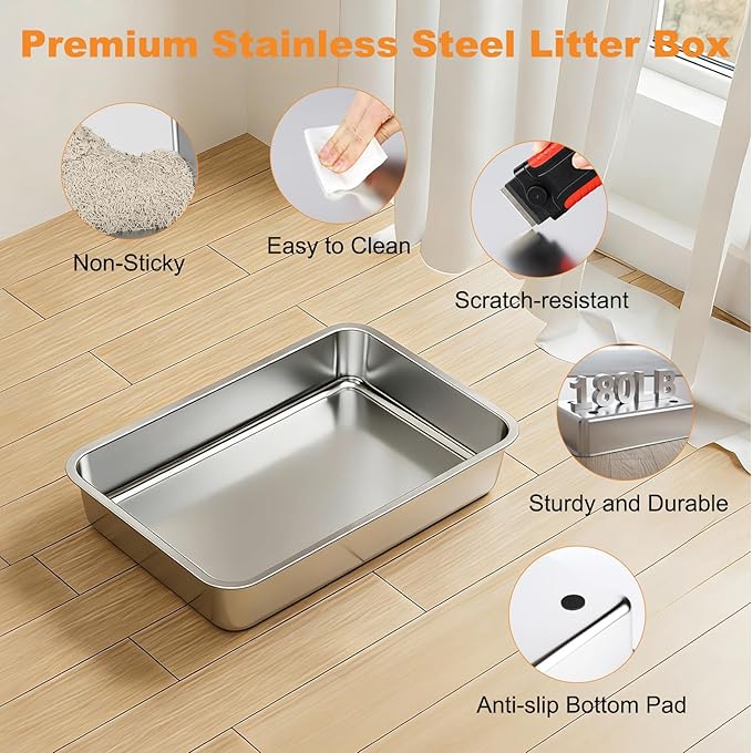 Extra Large Stainless Steel Cat Litter Box Enclosed with Lid - 24" x 16" x 17" Metal Cat Litter Box XXL, Front Entry High Side Kitty Litterbox with Scoop & Mat, Anti Leakage, No Sticky