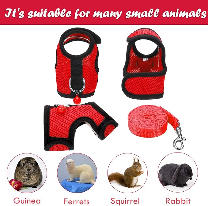 SATINIOR 2 Sets Guinea Pig Harness and Leash Adjustable Soft Mesh Harness Bell No Pulling Comfort Vest for Baby Ferret Rats Hamster Bunny Rabbit Chinchilla and Small Pet(Black, Red,S)