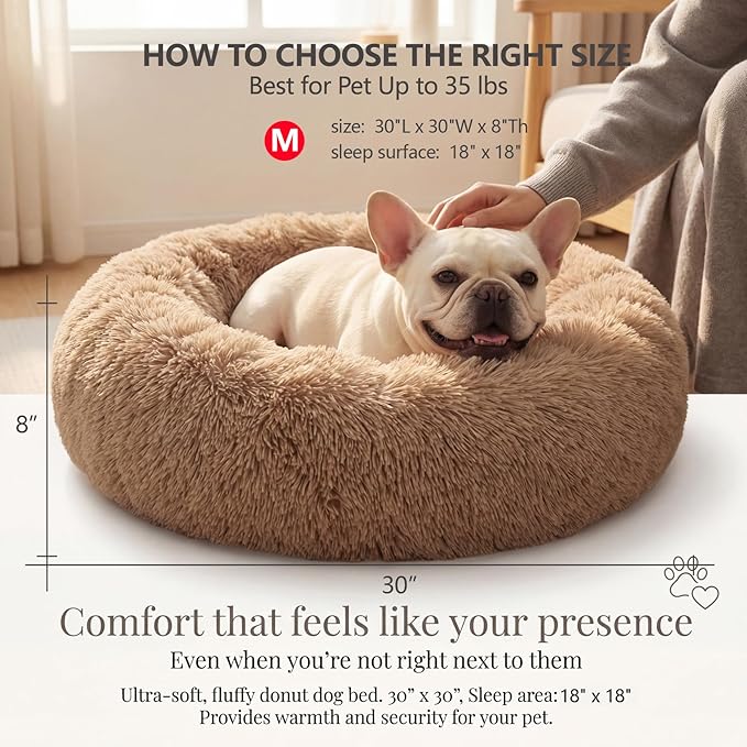 Calming Dog Bed for Medium Dogs Washable Donut 30 inches Anti-Slip Pet Bed,Round Fluffy Plush Faux Fur Cat Bed,Fits up to 45 lbs Pets,Camel