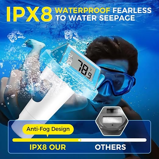Solar Wireless Floating Pool Thermometer - Upgraded IPX8 Waterproof Easy Read Digital Thermometer with Time, Indoor Temperature & Humidity Monitor for Swimming Pools, Spas, Hot Tubs (Blue 2-piece set)