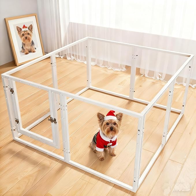 Clear Acrylic Dog Playpen with Door,Puppy Fence Indoors H:24" 8-Panel can be DIY Expanded + Splicing Height Design for Puppies/Small Dogs,White Dog Enclosure (Metal + Acrylic Material)