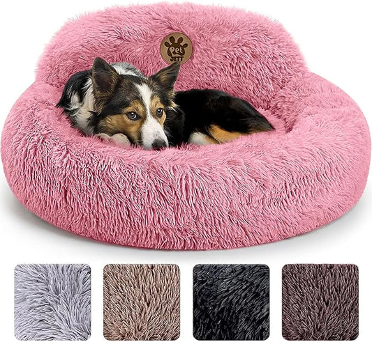 PetJett Calming Medium Dog Bed - 30'' Round Dog Beds, Anti-Slip & Washable Super Soft Fluffy Plush Donut Bed, Anti-Anxiety Premium Comfort Pet Bed, Fits Dogs up to 45 lbs - Pink