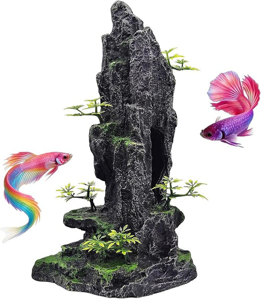 Large Aquarium Decoration - Resin Rockery Landscape Castle Decoration Fighting Fish Hiding Cave Fish Tank Ornaments Accessories - Height 14.3 inches (Green)