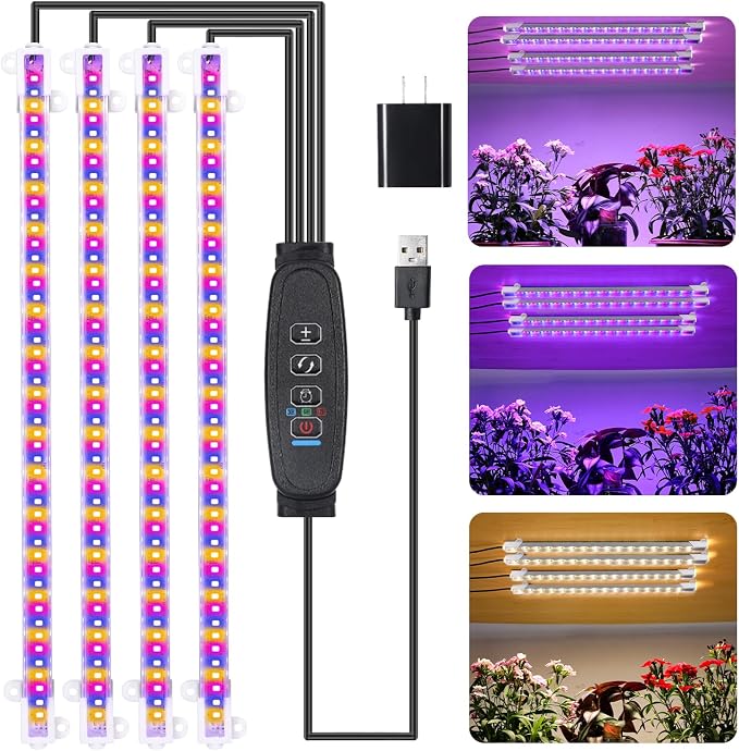 RWNTAO Four Strip Growing Lamp for Indoor Plants, Red & Blue & Yellow Full Spectrum LED Grow Light Strips with Auto ON/Off 3/9/12H Timer,10 Dimmable Levels for Green House Succulent (13 in)