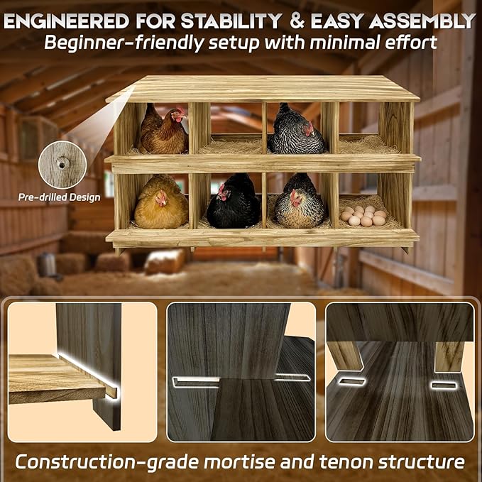 8 Holes Wood Nesting Boxes for Chickens, Gold Standard Two-Tier Chickens Nesting Box for Laying Eggs, Farmhouse Series Laying Boxes for Hens, Ducks and Birds