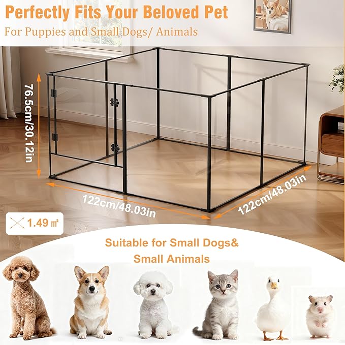 Acrylic Dog playpen Indoor: Clear Puppy Pen for Small Medium Dogs Cats with Metal Frame - 8panels 30inch Tall Transparent pet Fence with Door for Rabbits Guinea Pig
