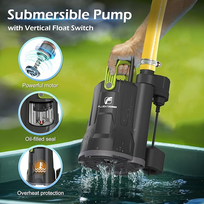 Sump Pump, 3/4HP 3000GPH Submersible Water Pump, Utility Pump with Vertical Float Switch for Swimming Pool Garden Pond Basement Draining, with 16.4Ft Cord, Adapters, Check Valve and Rop