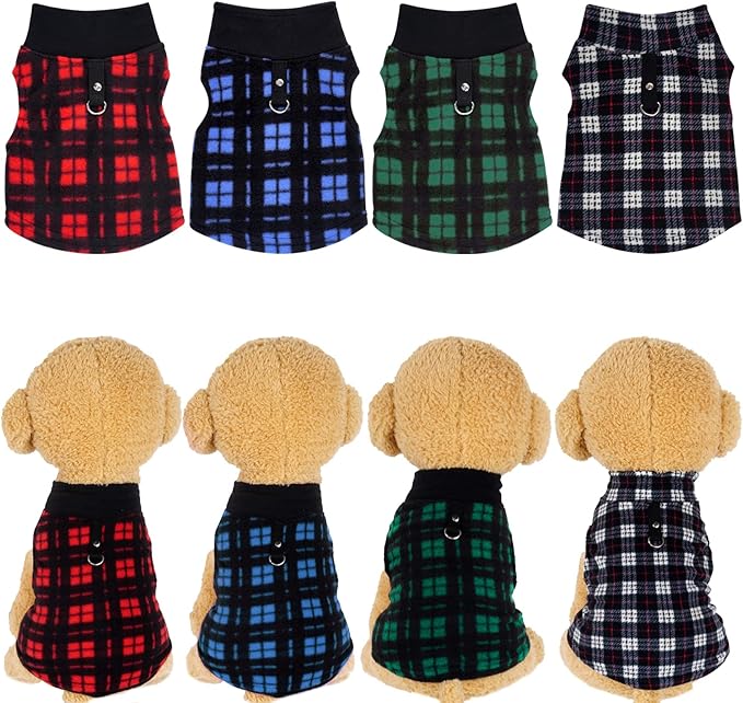 Rbenxia 4 Pieces Buffalo Plaid Dog Sweaters with Leash Ring Soft Fleece Vest Dog Pullover Warm Jacket Pet Dog Clothes Winter Dogs Outfits for Small Puppy Cat Pets (Small)