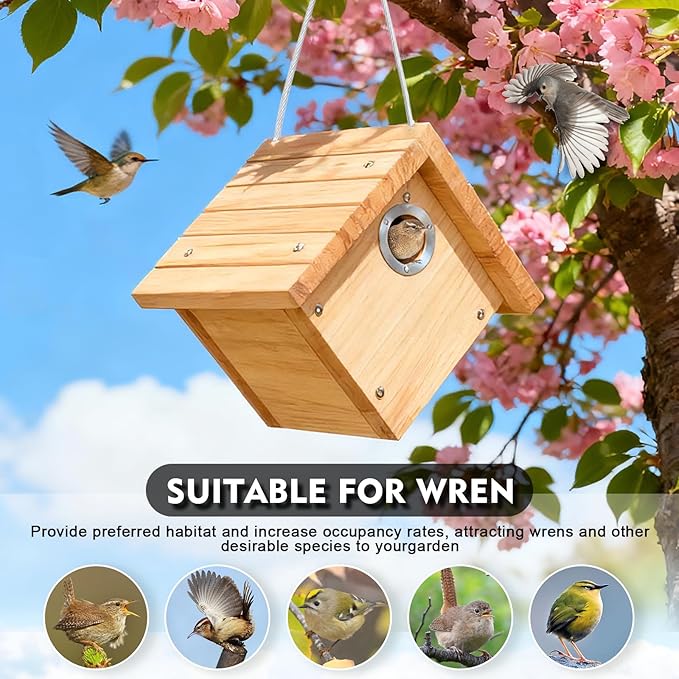 Gtongoko 1-1/8" Entrance Hole Wren House, Hanging Wren Bird Houses for Outside for Nesting with Metal Guar Bird Nest with Air Vents, Clean Door for Wildbird Watching 1 Pack