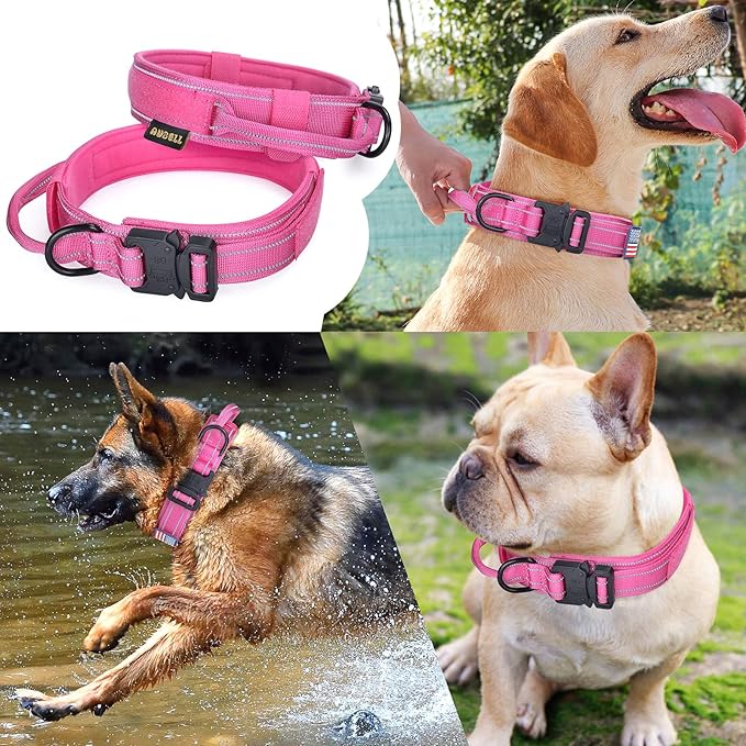 AUBELL Reflective Tactical Dog Collar,Adjustable Military Heavy Duty K9 Collars with Handle and Quick Release Metal Buckle Great for Medium Dogs, with Airtag Case and 2 Patches (Pink,M)