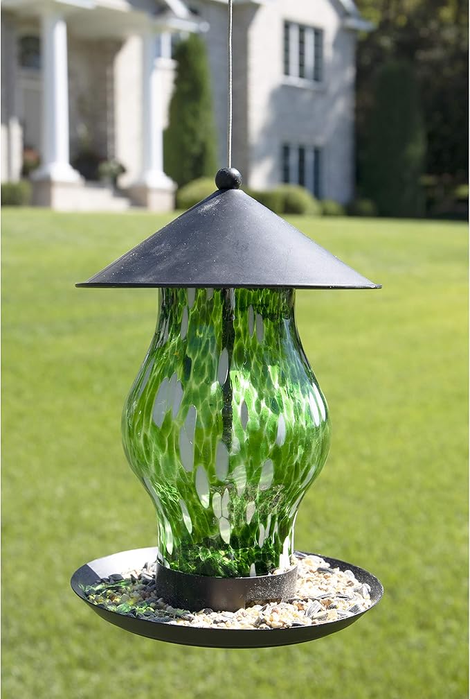 CLEVER GARDEN Glass Bird Feeder, Hanging Outdoor Decoration for Wild Birds, Green Cylinder