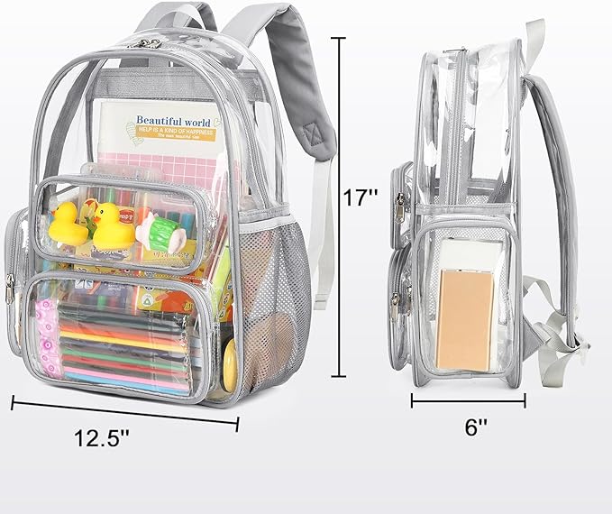 CAMTOP Clear Backpack Heavy Duty Transparent Bag See Through BookBag for Student School Work Festival Sport Travel (Grey)
