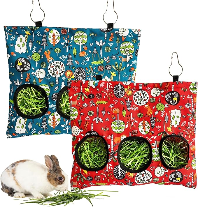 Rabbit Hay Feeder Bag, Guinea Pig Hay Feeder for Cage Small Animal Hanging Feeding Bags Rabbit Hay Dispenser Storage for Rabbits Guinea Pigs Bunnies Chinchillas (Red,Dark Blue, 3 Hole)