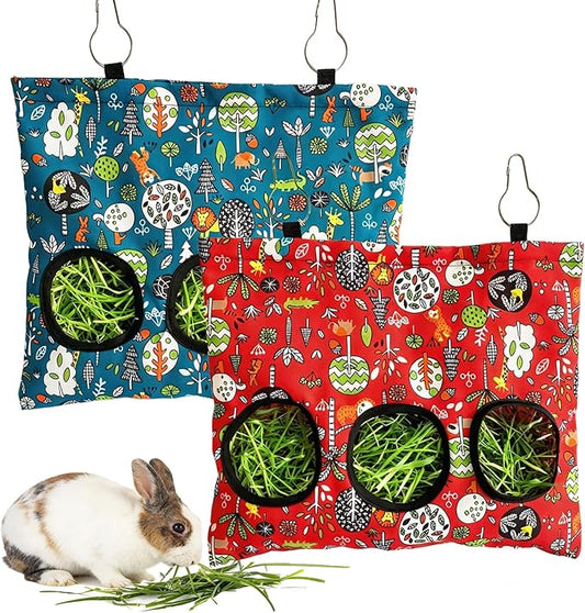Rabbit Hay Feeder Bag, Guinea Pig Hay Feeder for Cage Small Animal Hanging Feeding Bags Rabbit Hay Dispenser Storage for Rabbits Guinea Pigs Bunnies Chinchillas (Red,Dark Blue, 3 Hole)