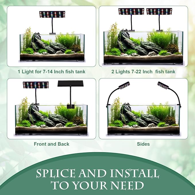 Rossesay 2 Pack Clip-on LED Aquarium Light for Plants, Full Spectrum Fish Tank Light with 42 Leds, 12w Dual Gooseneck, 360° Adjustable White Blue Red Green Leds, Fits 7-22 Inch Freshwater Planted Tank