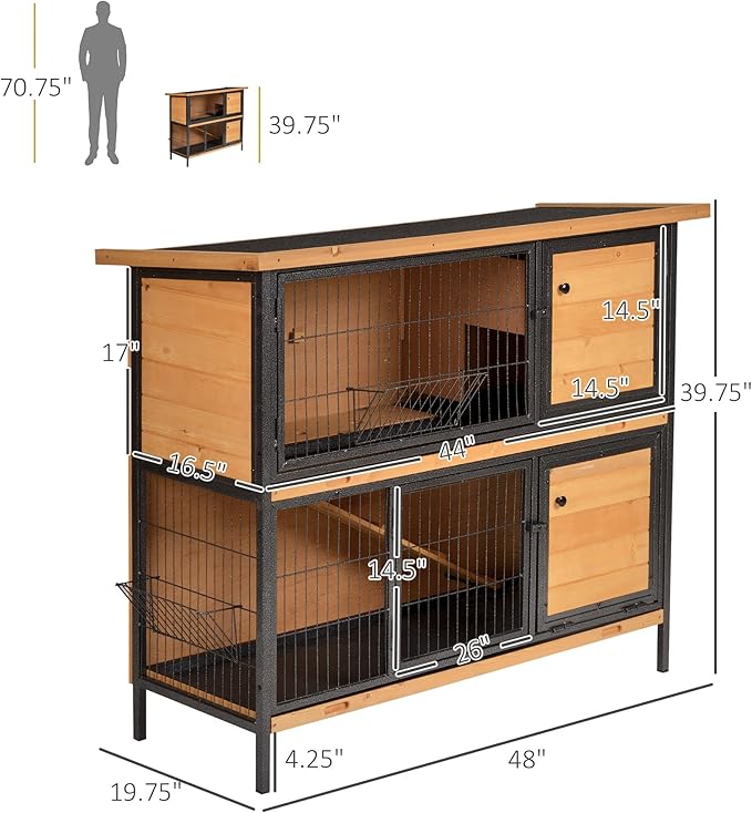 PawHut 48" 2-Story Large Rabbit Hutch Bunny Cage Wooden Pet House Metal Frame with Rooms, Ramp, No Leak Tray, Feeding Trough, Waterproof Asphalt Roof for Rabbits, Chickens, Ducks, Outdoor/Indoor
