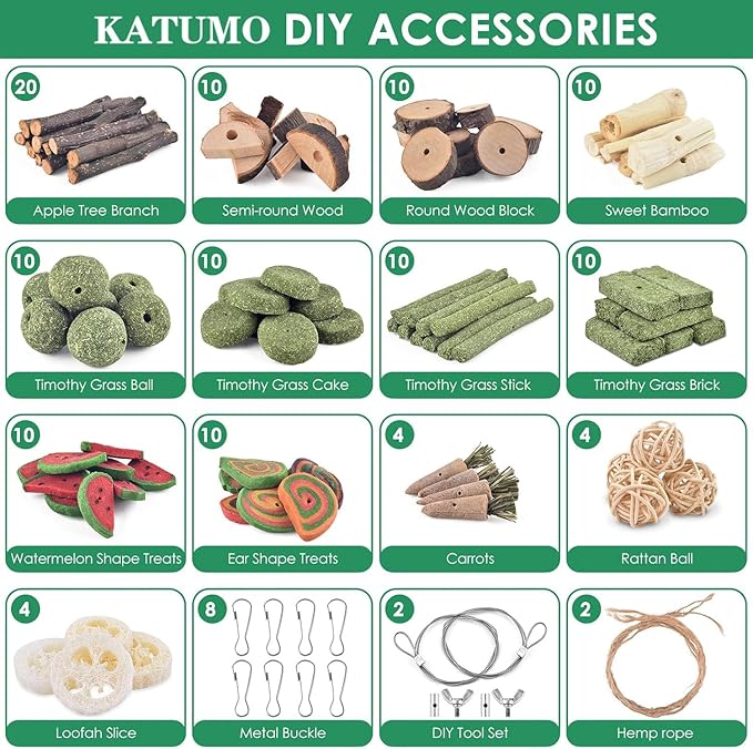 KATUMO Rabbit Chew Toys, 134 PCS DIY Hamster Chew Toys Kit Bunny Teeth Care Molar Ideal for Rabbit, Guinea Pig, Chinchilla, Hamster, Squirrel, Gerbils Etc Small Rodent Pets' Teeth Grinding