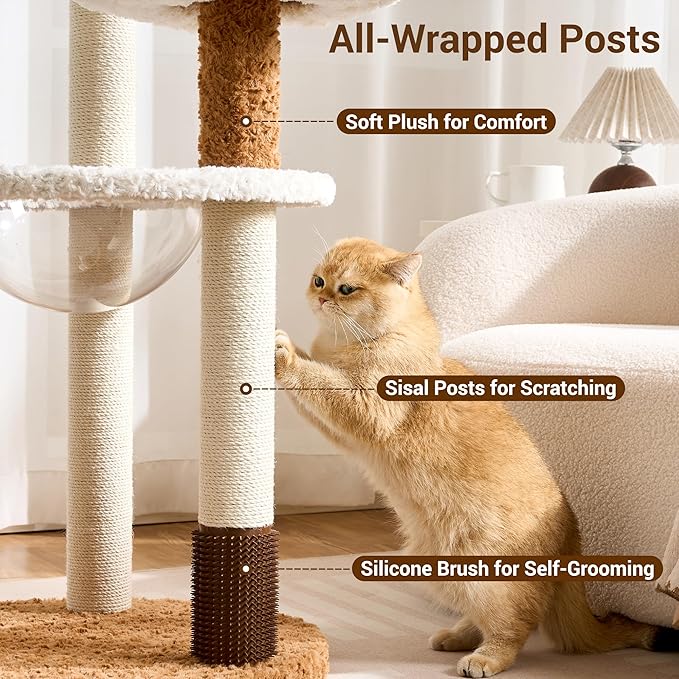 Modern Cat Tree Tower with Scratching Post for Indoor Cats Up tp 12lbs, 50.5" Tall Cat Tree with Flower/Fluffy Cat Beds, Acrylic Capsule, Multi-Level Platforms & Interactive Toy, White & Brown