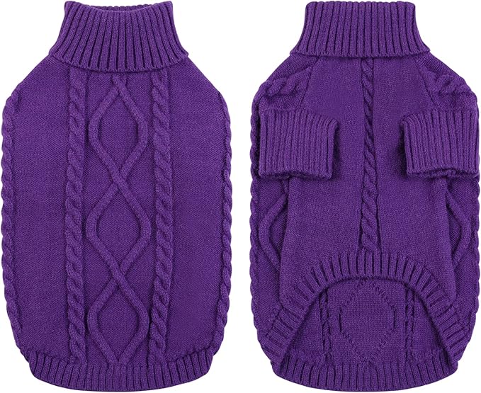 Queenmore Small Dog Pullover Sweater, Cold Weather Cable Knitwear, Classic Turtleneck Thick Warm Clothes for Chihuahua, Bulldog, Dachshund, Pug (Purple, Medium)