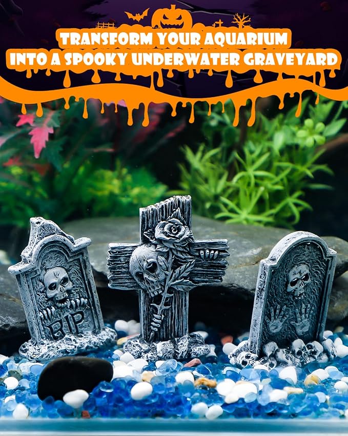 Uniclife 3 Pcs Halloween Miniature Tombstones Decorations, Halloween Fish Tank Decor, Resin Mini Tombstones Figurines, RIP Cross Skull Graveyard Gravestones, Small Spooky Town Village Accessories