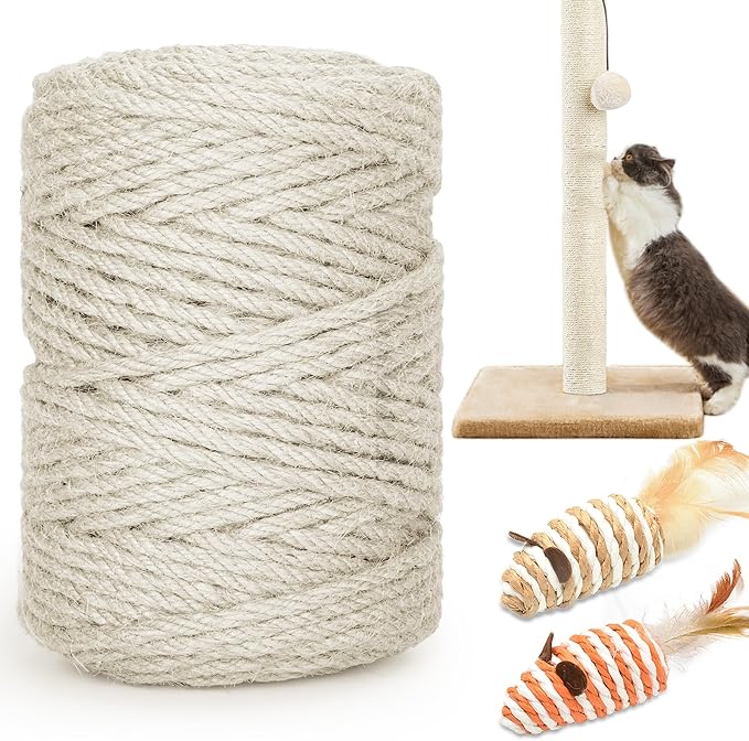 328FT/100M Cat Scratching Sisal Rope, 6mm 1/4 inch Thick Natural Jute Rope for Scratch Posts, Cat Trees, DIY Projects, Sisal Rope for Cat Scratcher with 2 Cat Mouse Toys (White, 328ft)