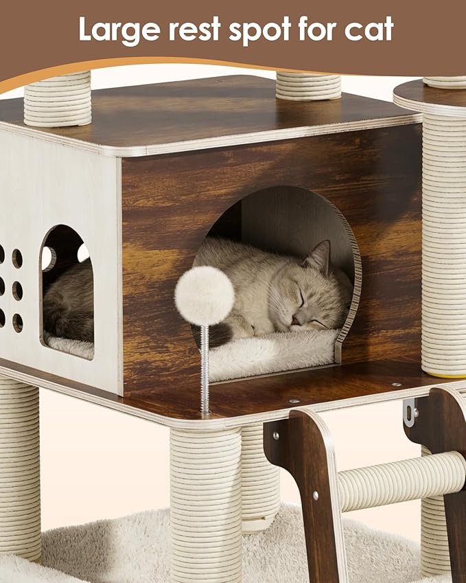 Modern Cat Tower, 60.3 Inches Multi-Level Cat Tree with Dark Wood-Look Panels, Sisal Scratching Posts, Hammock & Plush Perch, Safe for Kittens to Adult Cats