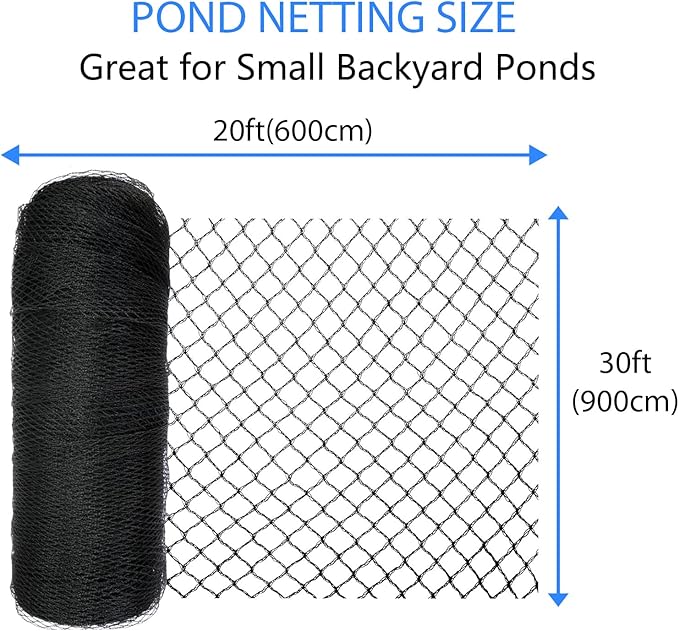 Koi Pond Netting Kit 20 x 30 FT, 3/8" Heavy Duty Woven Mesh Pond Net Cover for Leaves with 12 Stakes, HDPE Pool Netting Protecting Fish from Herons Birds Cats, Black
