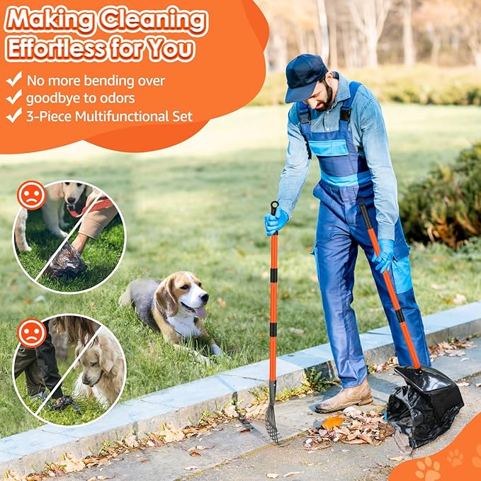 SlowTon Dog Pooper Scooper - 37.4" Long Metal Handle Adjustable Rake & Spade & Swivel Bin with 20 Waste Bags, Portable Pooper Scooper for Gravel Lawn Grass, Suit for Small Medium Large Dog