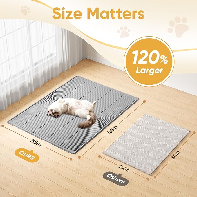 TRZZ XXL Extra Large Cat Litter Mat, Silicone Litter Box Mat for Floor, Waterproof & Non-Slip, Easy to Clean, Cat Litter Trapping Mat & Kitty Litter Catcher for Scatter Control (Light Gray)