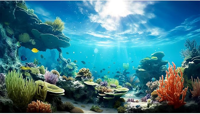 Ocean Floor Fish Tank Background Underwater Coral Reef Stone Aquarium Background Under Water Seaweed Background Cave Sunlight Fish Tank Backdrop Decoration Aquarium Backdrop Durable Vinyl 72x18in